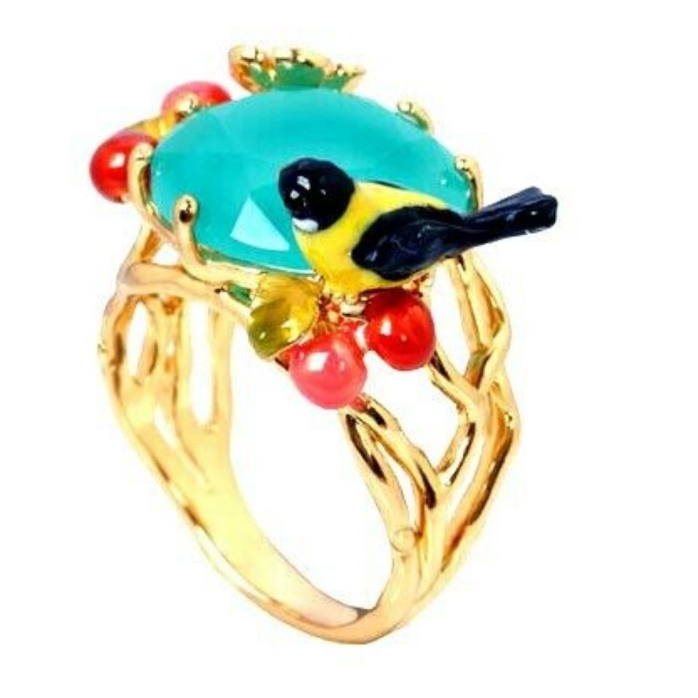 Les Nereides Bird On Cherry On faceted Glass Ring Size 5